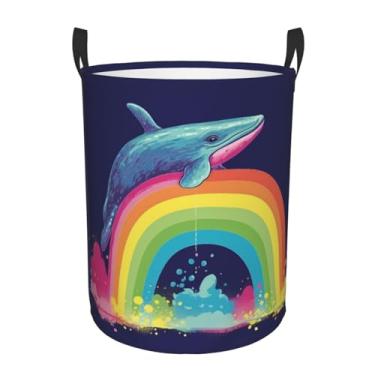 Imagem de Baleia colorida no arco-íris cesto de roupa suja dobrável impermeável cesto de armazenamento de roupas com alças pano oxford organizador de brinquedos cesta para banheiro, lavanderia, quarto, médio