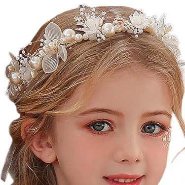 Imagem de Campsis Tiara de cristal Flower Girl, tiara de pérola floral de casamento, acessórios de cabelo de primeira comunhão para meninas