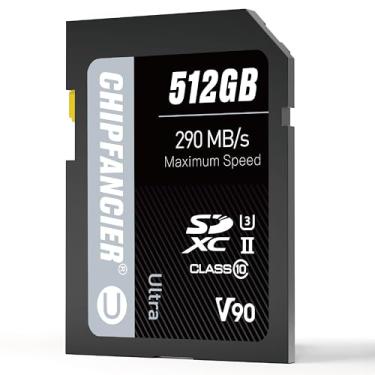 Imagem de CHIPFANCIER Cartão SD 512GB V90 SDXC UHS-II V90 Cartão de memória R290MB/s W290MB/s C10 U3 V90 Full-HD e vídeo 8K para fotógrafos profissionais e criadores de conteúdo DSLR câmeras sem espelho preto