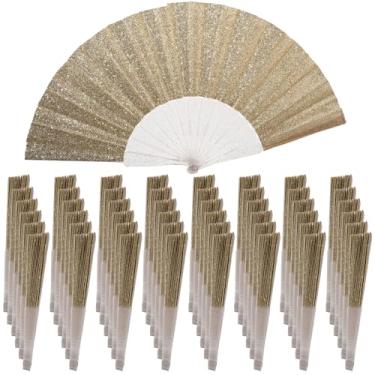 Imagem de Pacote com 48 ventiladores de mão, ventilador dobrável de glitter com nervuras transparentes brilhantes – Ideal para casamento, igreja, festival, dança, festa de chá, clube e acessórios EDM, ouro