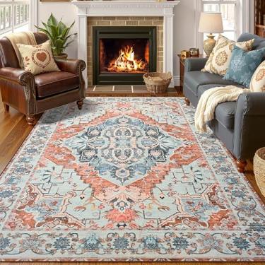 Imagem de YJ.GWL Tapetes de área para sala de estar, 12 x 18 cm, laváveis à máquina, antiderrapante, abstrato, vintage, boho, tapete interno, tapete grande para sala de jantar, sala de jogos, cozinha, laranja