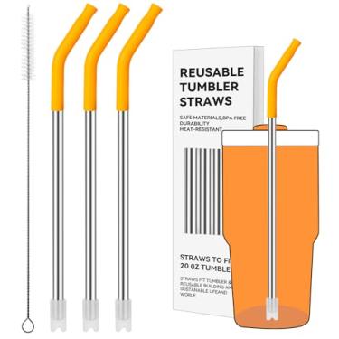 Imagem de Prurex Canudos de metal reutilizáveis com ponta de silicone para Stanley 600 ml, canudos de aço inoxidável para copo de 590 ml, 3 tubos retos e 6 pontas e 1 escova Cleanr (Goldenrod)