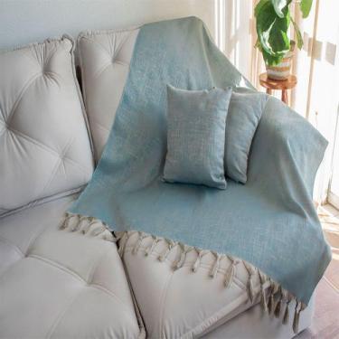 Imagem de Kit 1 Manta e 2 Capas de Almofada em Tecido Jacquard Falso Liso Azul e