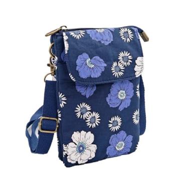 Imagem de Pequena bolsa transversal feminina flor azul bolsa para celular com alça de ombro transversal carteira para celular mini bolsas fofas