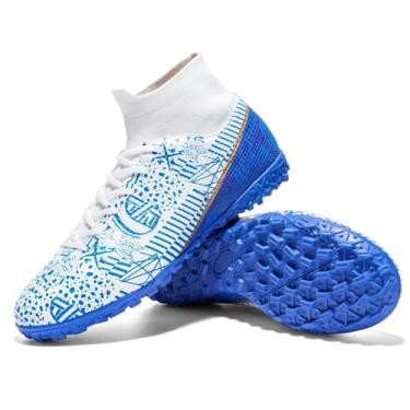 Imagem de changshen Chuteiras de futebol para homens Chuteiras de grama branca/branco/preto/preto cano alto tênis de futebol plano treinamento tênis atlético, Branco, azul, 10.5