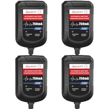 Imagem de [Pacote com 4] Carregador automático de bateria LEICESTERCN 12 V 750 mA Carregador flutuante inteligente para carro, motocicleta, cortador de grama, trator, barco, SLA, ATV, baterias de chumbo-ácido