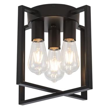 Imagem de Edzemuwa Luminária de teto com 3 luzes de montagem embutida em metal preto moldura de teto para cozinha ilha entrada varanda hall de entrada sala de jantar, base de cerâmica E26