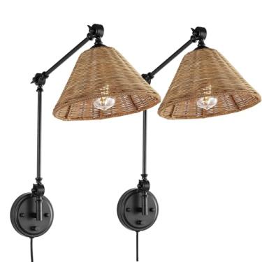 Imagem de WINGBO Arandela de parede embrulhada em vime, luminária de parede com braço oscilante ajustável, luminária de cabeceira vintage, luz de cabeceira de vime feita à mão, luz de leitura, plugue ou fio