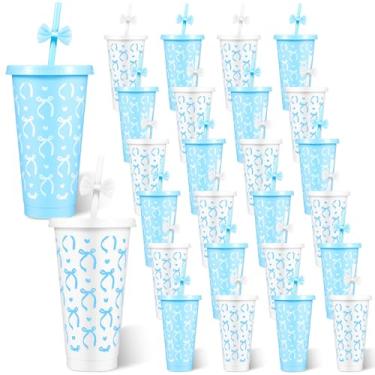 Imagem de Yoiemivy Pacote com 24 copos de plástico com laço azul com canudo e tampa, 680 g, copos de plástico reutilizáveis, copos de plástico para festas de fim de ano, lembrancinhas, suprimentos para