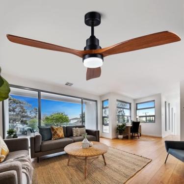 Imagem de dearnow Ventiladores de teto de madeira de 142 cm com controle remoto iluminado, ventilador de teto de madeira interno e externo, ventilador de teto moderno para uso externo com 3 pás para pátio, sala