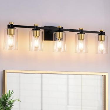 Imagem de Jdvads 5 luminárias para banheiro, preto e dourado com sombra de vidro transparente, arandela de parede moderna sobre espelho, ouro escovado para banheiro (base E26)