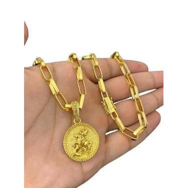 Imagem de Cordão Tijolinho 6Mm Pingente São Jorge - Banhado Ouro 18K - Tojoia18K