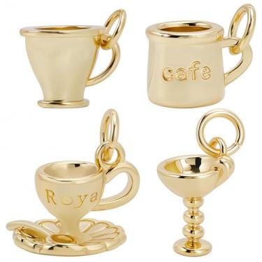 Imagem de Beebeecraft 8 peças, 4 estilos, mini pingentes de xícara de café, banhado a ouro 18 K, pingente de caneca de chá, pingente, pingente, palavras esculpidas com anel de salto e caixa para fazer joias