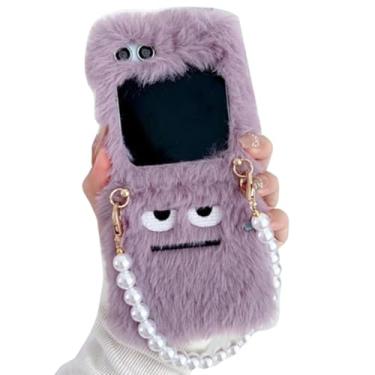 Imagem de QYFZXLV Capa para Samsung Galaxy Z Flip 5 6 7, capa macia engraçada fofa para Galaxy Z Flip 7 FE, desenho animado peludo pequeno monstro design capa de telefone com pulseira de pérolas (para Z Flip 7