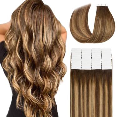 Imagem de Lacer Extensões de cabelo humano fita de cabelo humano com destaque de 45,7 cm marrom chocolate a loiro caramelo com fita de raízes marrons em extensões de cabelo humano real R#4-4/27 40 peças 100G