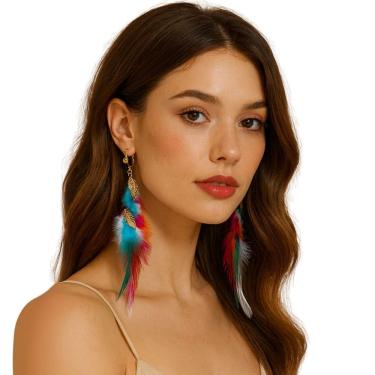 Imagem de Brinco de Pressão Colorido com Penas e Folhas Douradas Luxo