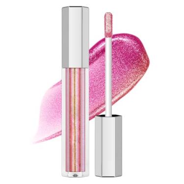 Imagem de Erinde Brilho labial com glitter, batom líquido hidratante para mulheres, fórmula suave, brilho labial com acabamento de alto brilho, não pegajoso, à prova d'água, maquiagem de longa duração, 05 rosa