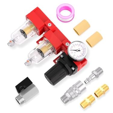 Imagem de MEANLIN Filtro de umidade do compressor de ar, filtros de ar duplos, drenagem manual, entrada NPT de 1/10.2 cm com medidor de 150 PSI e interruptor de desligamento de válvula para ferramentas de ar e