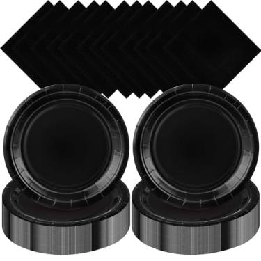 Imagem de Zhehao 120 peças de pratos de papel descartáveis e guardanapos decorações de festa de aniversário de 18 cm pratos descartáveis para chá de bebê suprimentos de festa de casamento (preto)