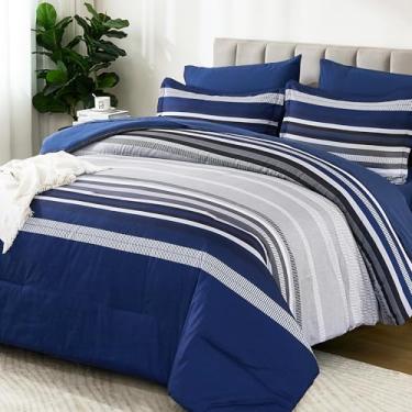 Imagem de Dobuyly Conjunto de edredom King Size azul marinho, 7 peças, cama listrada boho em uma bolsa, microfibra macia, conjunto de cama com edredom, lençóis, fronhas e fronhas