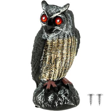 Imagem de Chamarizes solares de coruja, impedimento de pássaros para assustar pássaros com olhos vermelhos piscando e som assustador, 2 modos de trabalho à prova d'água espantalho de coruja solar fácil de
