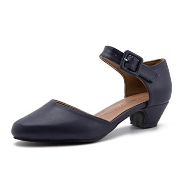 Imagem de LIURUIJIA Sapato social feminino com tira no tornozelo, salto baixo, bico fechado, formal, trabalho, casamento, casamento, salto confortável, Azul marinho, 35