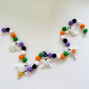 Imagem de Doumeny Faixa de guirlanda de feltro de Halloween 3D com tema de fantasma faixa de estampar bola de pompom colorida para pendurar guirlanda de fantasmas fofos para festa de feltro para lareira manto