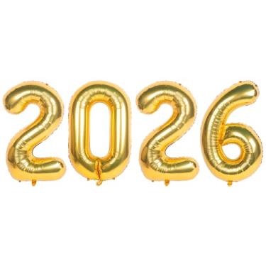 Imagem de Balão 2026 de 101 cm em ouro 2026 com números grandes de alumínio 2026 Balões de Ano Novo perfeitos para aniversários, formaturas, Natal e decorações de festa de Ano Novo.