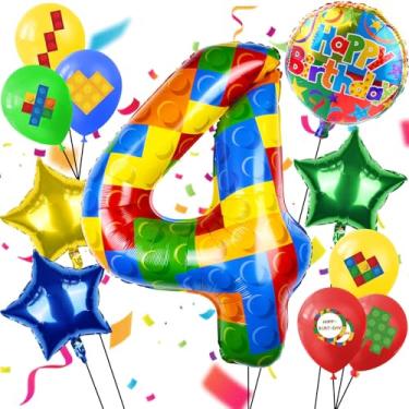 Imagem de Balão numérico de bloco de construção de 101 cm, balões coloridos de bloco de números, balões grandes de hélio para meninas e meninos, decoração de festa com tema de tijolos de 4 anos (número 4)