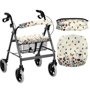 Imagem de Cugasmaru Capa de assento rollator borboleta bege rollator acessórios presentes para idosos em vida assistida andador acessórios para idosos com conjunto de capa de assento capas de proteção