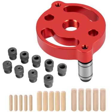 Imagem de Gabarito de cavilha autocentralizante, guia de broca de cavilha 2/3/4/5/6/7/8/9/10 mm guia de broca portátil para furos retos, painel de madeira, localizador de perfuração (guia de perfuração vermelha