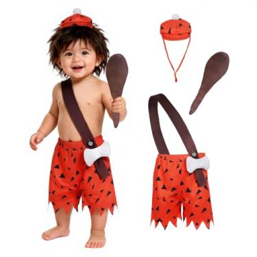 Imagem de 3 Pcs Baby Boys Caveman Costume Primitive BAMM BAMM Costume Historical Stone Age Pebbles Outfit Halloween Family Costumes-S Orange