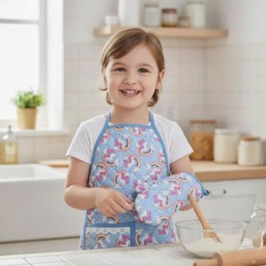 Imagem de Kit Avental Infantil de Cozinha Estampado com Luva Térmica - Mava Enxo