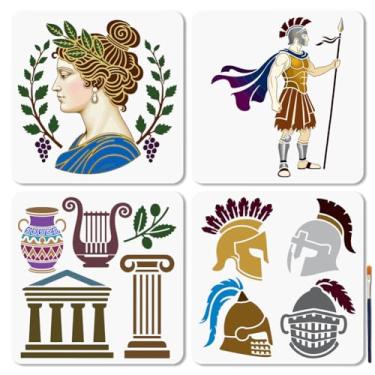 Imagem de MAYJOYDIY Estêncil de 4 peças da Grécia Antiga Roma Estêncil de Arquitetura Grega para Pintura Modelo de Desenho 29 x 29 cm com Pincel para Móveis de Parede Papel Tela Scrapbook Decor