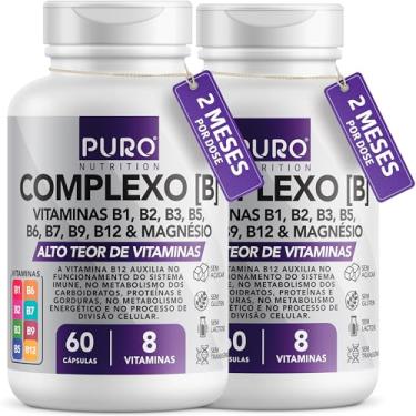 Imagem de Kit 2 Complexo B Puro Nutrition – Vitaminas B1, B2, B3, B5, B6, B9, B12 e Magnésio, 60 Cápsulas por Pote