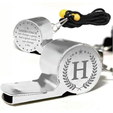 Imagem de CREATCABIN 1 caixa de apitos prateados de aço inoxidável a granel metal treinadores esportivos letra H equipamento de árbitro de som claro alto com cordão para treinamento de futebol oficial ao ar