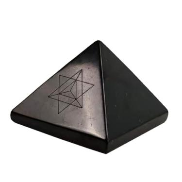 Imagem de LWQCHW Pirâmide polida de pedra shungite autêntica de 5 cm com símbolo de gravação da flor da vida | Estatueta de shungite crua para proteção de casa, decoração de quarto, decoração de mesa de