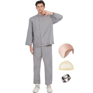Imagem de Party Supplies Conjunto de 4 peças masculino Evil Mastermind Villain com terno cinza, boné careca e anel para Halloween, cosplay (M)