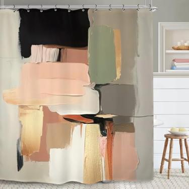 Imagem de Yookeb Cortina de chuveiro de banheiro abstrata rosa blush preta 152 cm por 188 cm de altura, moderno, contemporâneo, pincelada, arte estética, minimalista, tecido de poliéster, 12 ganchos de plástico
