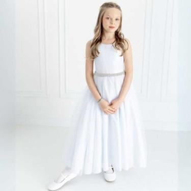 Imagem de Vestido Infantil Longo Branco com Tule e Cinto Prata Daminha Casamento