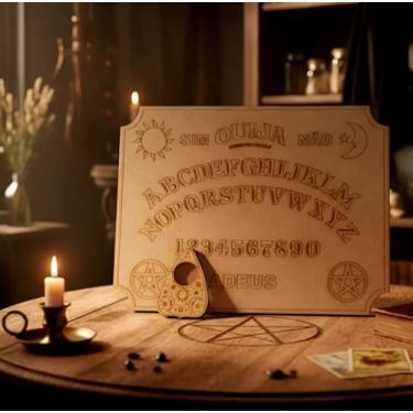 Imagem de Tabuleiro mais ponteiro Tabua Ouija em português em mdf jogo completo decoração