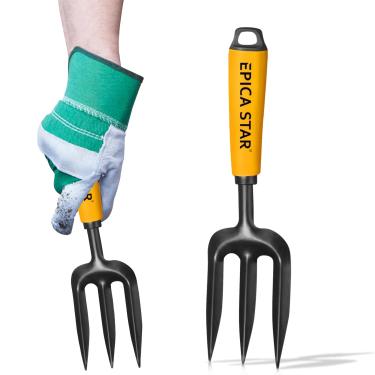 Imagem de Garfo de Jardim 3 Dentes EPICA STAR 30cm - Ferramenta de Aço Carbono para Revolver e Arejar Solo, Cabo Ergonômico Antiderrapante para Jardinagem Profissional