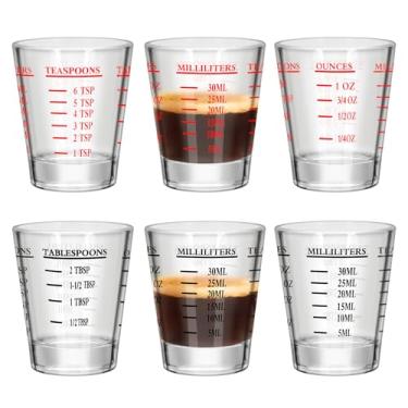 Imagem de 6 peças de copos de dosagem, copos de café expresso, vidro pesado líquido, 26 medições incrementais, 28,3 g, 2 TBS, 6 colheres de chá, 30 ml utensílios de cozinha (6, vermelho e preto)