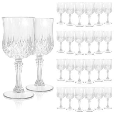 Imagem de EVSGSONL Pacote com 24 taças de vinho de plástico transparente, taças de plástico vintage para festas, copos de água transparentes, reutilizáveis para recepção de casamento, suprimentos de festa para
