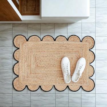 Imagem de Tapete de área de juta recortada – Tapete tecido natural à mão de 6,5 cm com acabamento azul – Tapete de entrada Boho para casa de fazenda – Tapete trançado retangular ecológico para sala de estar ou