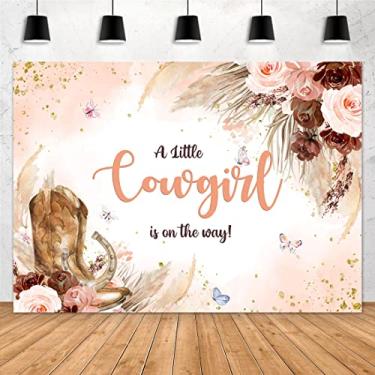 Imagem de Aperturee Pano de fundo rosa para chá de bebê, 2,1 x 1,5 m, borboleta floral, princesa, uma pequena vaqueira está a caminho, fundo fotográfico com pontos dourados, decoração de festa de meninas