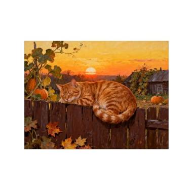 Imagem de Quadro arte parede outono-Gato dormindo quintal Impressões em tela paisagens-Pintura animais para sala estar decoração fazenda 60x80cm Sem Moldura