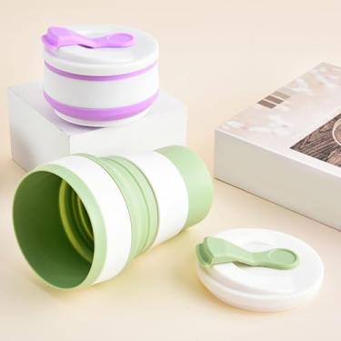 Imagem de Copo de viagem de silicone dobrável - Copo de acampamento dobrável de 142 g com tampa, xícara de café portátil, talheres de viagem compactos, presente perfeito para o dia dos namorados, rosa