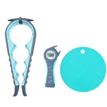 Imagem de Abridor de garrafas multifuncional 5 em 1 com almofada de borracha antiderrapante - Conjunto de abridor de latas 5 em 1 de plástico criativo (azul)