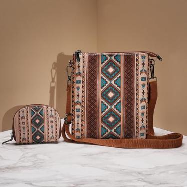 Imagem de Bolsa tiracolo feminina de lona transversal de ombro boho com porta-cartões pequeno e alça removível, Caqui, Large